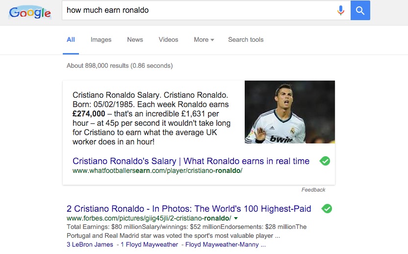 Machine generated alternative text:Google how much earn ronaldo Videos Search tools All Images News More About 898,000 results (0.86 seconds) Cristiano Ronaldo Salary. Cristiano Ronaldo. Born: 05/02/1985. Each week Ronaldo eams E274,000 — that's an incredible El ,631 per hour — at 45p per second it wouldn't take long for Cristiano to earn what the average UK worker does in an hour! Cristiano Ronaldo's Salary I What Ronaldo earns in real time www.whatfootballersearn.com/player/cristiano-ronaldo/ 2 Cristiano Ronaldo - In Photos: The World's 100 Highest-Paid www.forbes.com/pictures/giig45jIi/2-cristiano-ronaldo/ Total Earnings: $80 millionSalary/winnings: $52 millionEndorsements: $28 millionThe Portugal and Real Madrid star was voted the sports most valuable player . 3 LeBron James - 1 Floyd Mameather - Foyd Mayweather-Manny