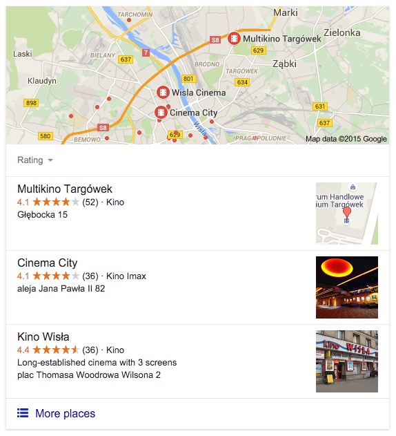 Machine generated alternative text:Laski Klaudyn Rating Multikino Targówek 4.1 (52) Kino Głębocka 15 Cinema City TARCHOMIN Maiki Zielonka Multikino Targówek Ząbki O Cinema tng_ City data 02015 Google um Handlowe ium Tar 'wek 4.1 (36) • Kino Imax aleja Jana Pawła Il 82 Kino Wisła 4.4 (36) • Kino Long-established cinema with 3 screens plac Thomasa Woodrowa Wilsona 2 — More places